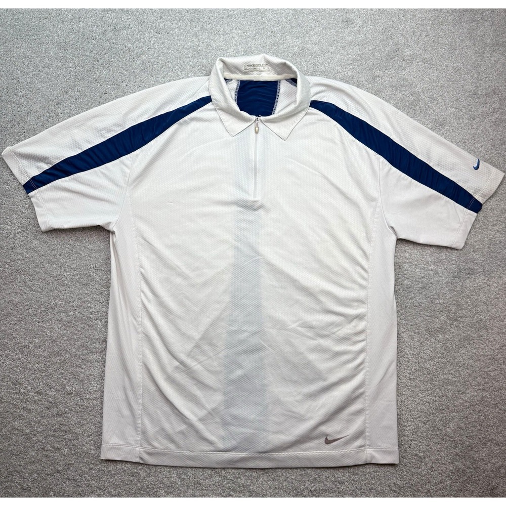 Nike Golf FitDry Mens Large White Blue Zip Polo Shirt Short Sleeve Athletic Top